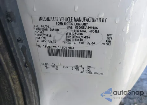 2004 Ford F-250 Xl/Xlt from USA, damaged, VIN 1FDNF20L14ED47044